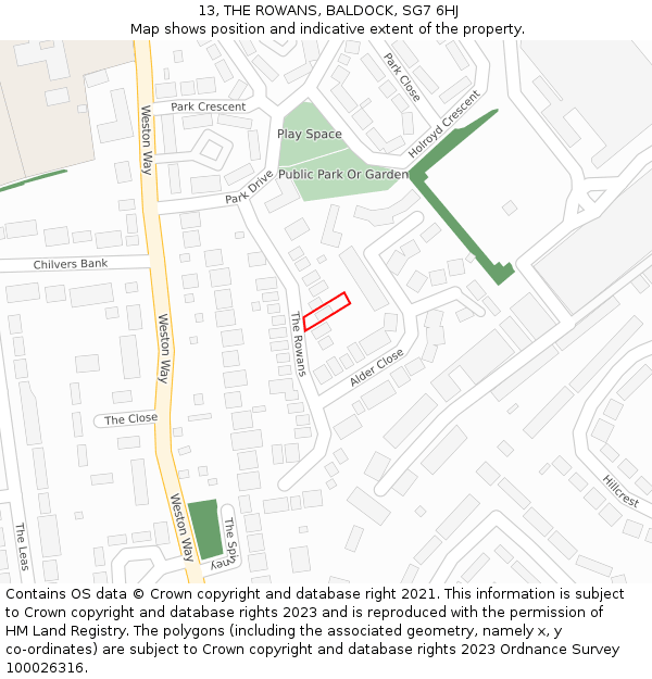 13, THE ROWANS, BALDOCK, SG7 6HJ: Location map and indicative extent of plot