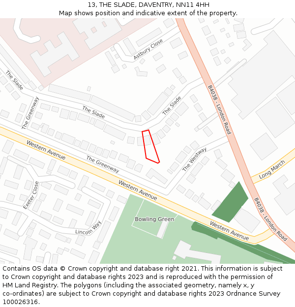 13, THE SLADE, DAVENTRY, NN11 4HH: Location map and indicative extent of plot