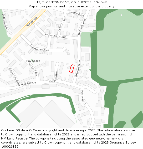 13, THORNTON DRIVE, COLCHESTER, CO4 5WB: Location map and indicative extent of plot