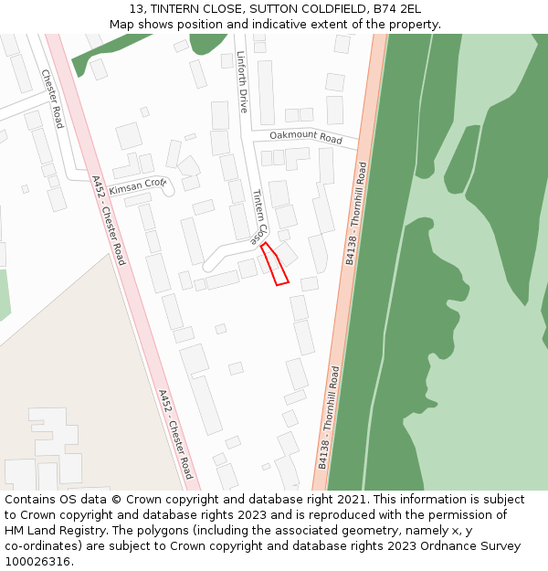 13, TINTERN CLOSE, SUTTON COLDFIELD, B74 2EL: Location map and indicative extent of plot