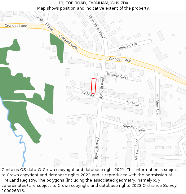 13, TOR ROAD, FARNHAM, GU9 7BX: Location map and indicative extent of plot