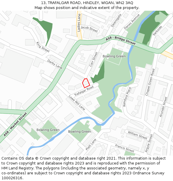 13, TRAFALGAR ROAD, HINDLEY, WIGAN, WN2 3AQ: Location map and indicative extent of plot