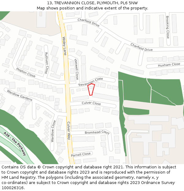 13, TREVANNION CLOSE, PLYMOUTH, PL6 5NW: Location map and indicative extent of plot