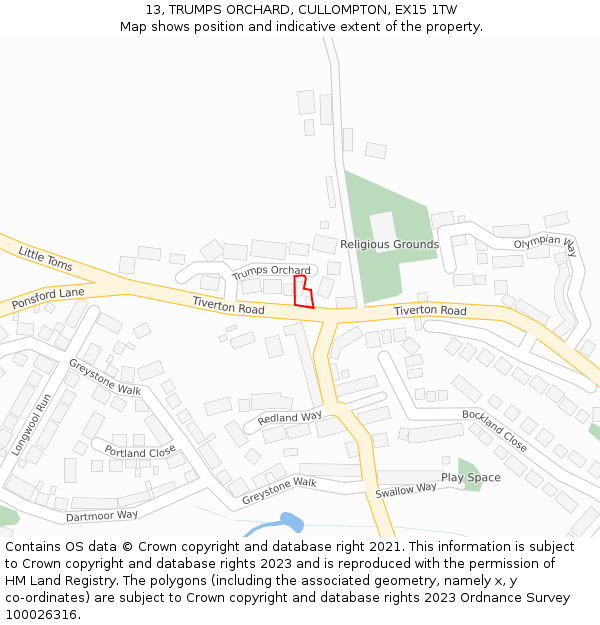 13, TRUMPS ORCHARD, CULLOMPTON, EX15 1TW: Location map and indicative extent of plot