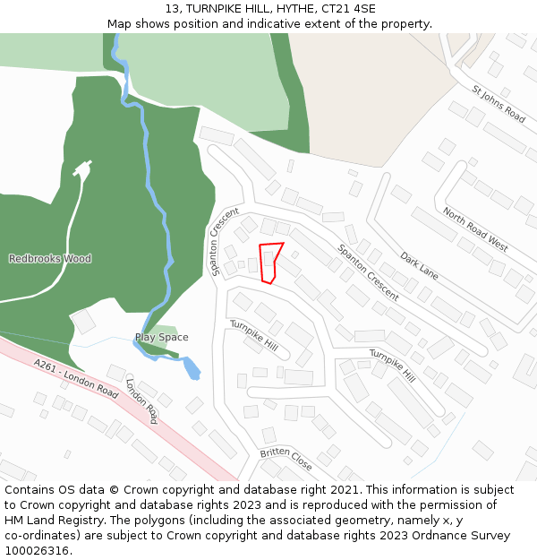 13, TURNPIKE HILL, HYTHE, CT21 4SE: Location map and indicative extent of plot