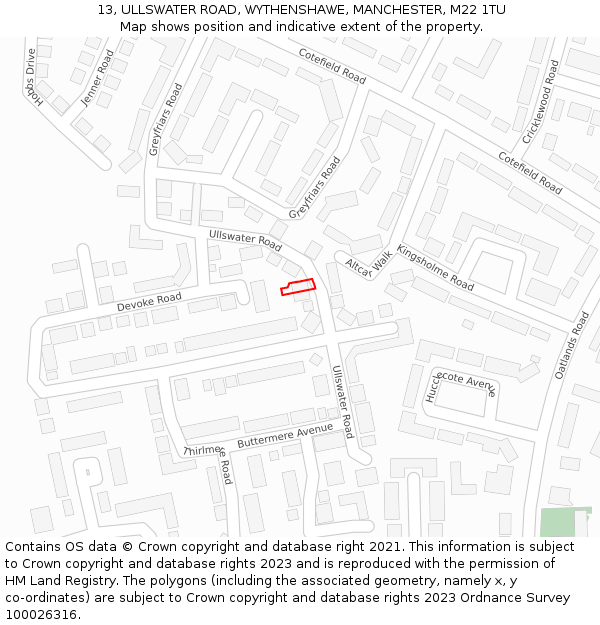 13, ULLSWATER ROAD, WYTHENSHAWE, MANCHESTER, M22 1TU: Location map and indicative extent of plot