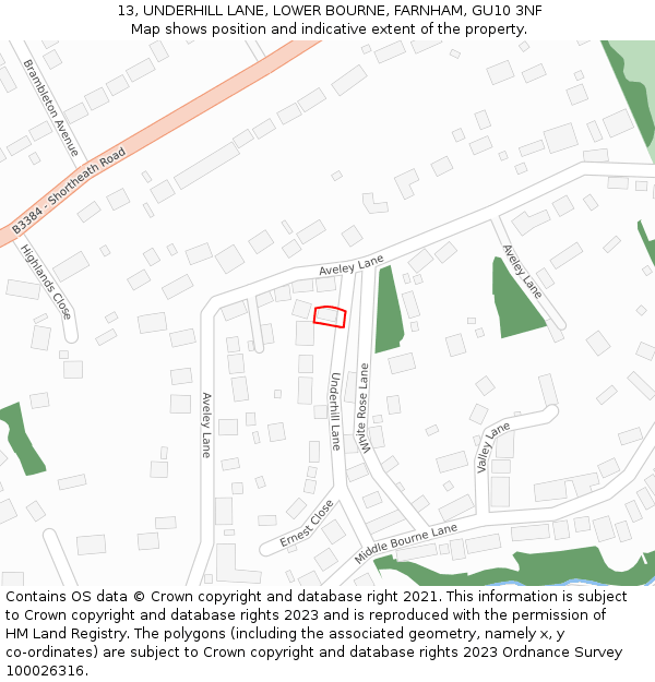 13, UNDERHILL LANE, LOWER BOURNE, FARNHAM, GU10 3NF: Location map and indicative extent of plot