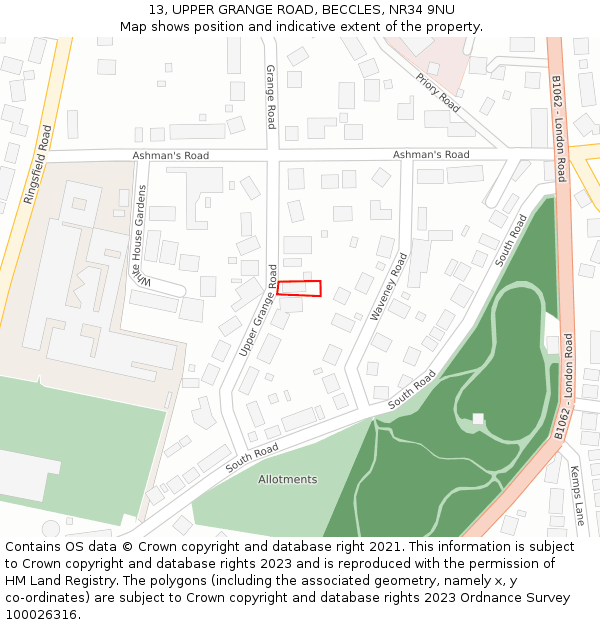 13, UPPER GRANGE ROAD, BECCLES, NR34 9NU: Location map and indicative extent of plot