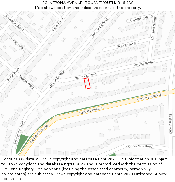 13, VERONA AVENUE, BOURNEMOUTH, BH6 3JW: Location map and indicative extent of plot