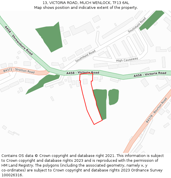 13, VICTORIA ROAD, MUCH WENLOCK, TF13 6AL: Location map and indicative extent of plot