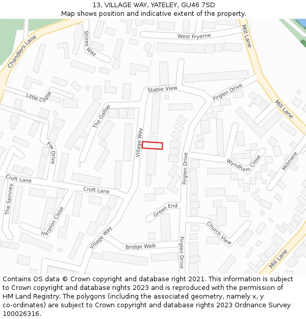 13, VILLAGE WAY, YATELEY, GU46 7SD: Location map and indicative extent of plot