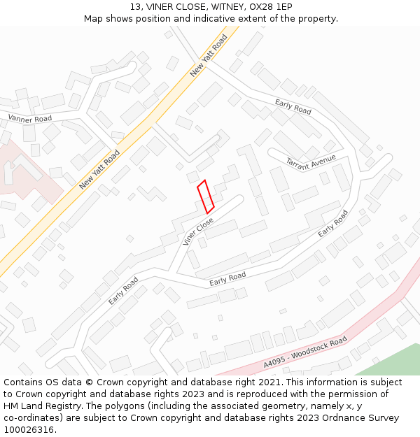 13, VINER CLOSE, WITNEY, OX28 1EP: Location map and indicative extent of plot