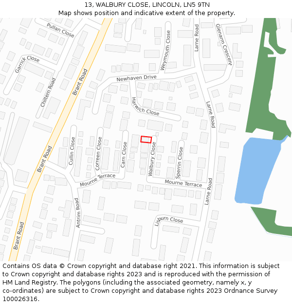 13, WALBURY CLOSE, LINCOLN, LN5 9TN: Location map and indicative extent of plot