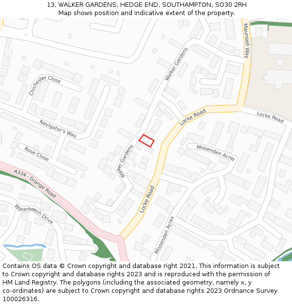 13, WALKER GARDENS, HEDGE END, SOUTHAMPTON, SO30 2RH: Location map and indicative extent of plot