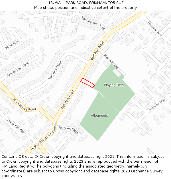 13, WALL PARK ROAD, BRIXHAM, TQ5 9UE: Location map and indicative extent of plot