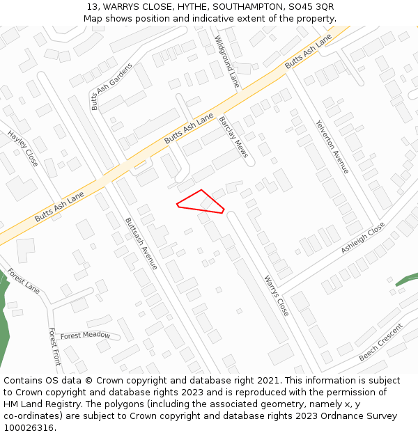 13, WARRYS CLOSE, HYTHE, SOUTHAMPTON, SO45 3QR: Location map and indicative extent of plot