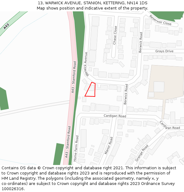 13, WARWICK AVENUE, STANION, KETTERING, NN14 1DS: Location map and indicative extent of plot