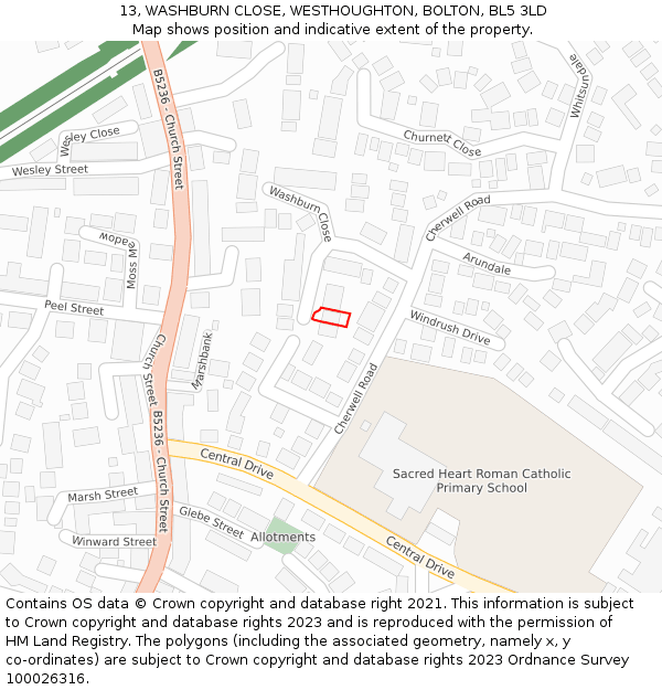 13, WASHBURN CLOSE, WESTHOUGHTON, BOLTON, BL5 3LD: Location map and indicative extent of plot