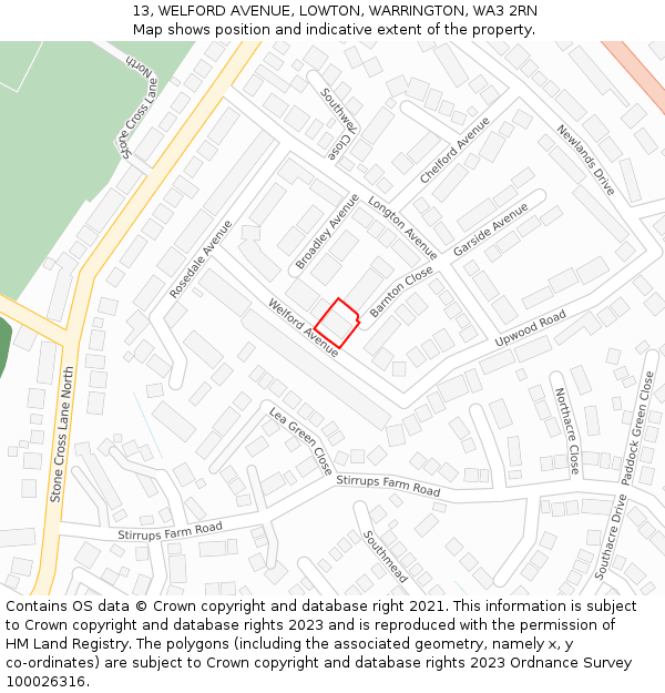 13, WELFORD AVENUE, LOWTON, WARRINGTON, WA3 2RN: Location map and indicative extent of plot
