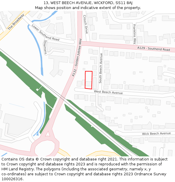 13, WEST BEECH AVENUE, WICKFORD, SS11 8AJ: Location map and indicative extent of plot