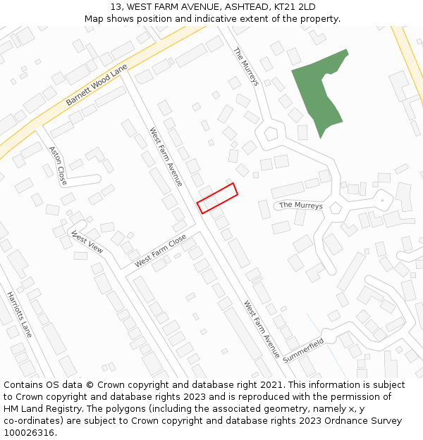 13, WEST FARM AVENUE, ASHTEAD, KT21 2LD: Location map and indicative extent of plot