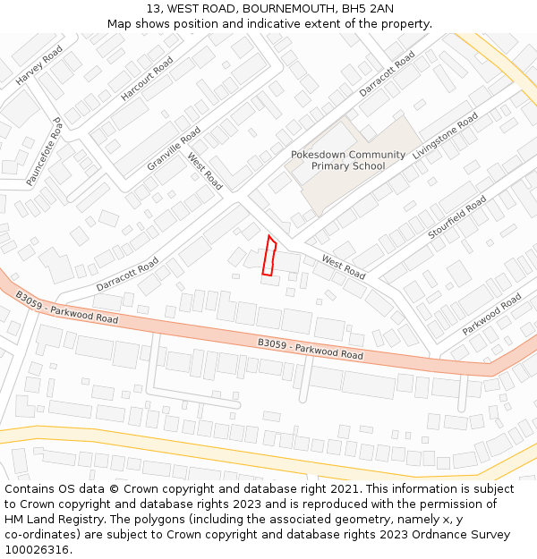 13, WEST ROAD, BOURNEMOUTH, BH5 2AN: Location map and indicative extent of plot