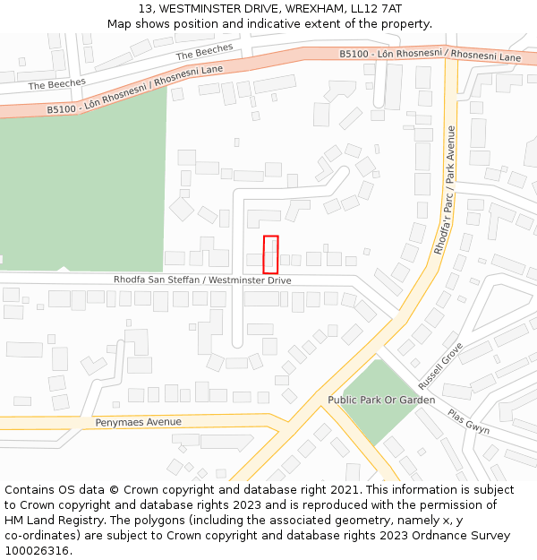 13, WESTMINSTER DRIVE, WREXHAM, LL12 7AT: Location map and indicative extent of plot