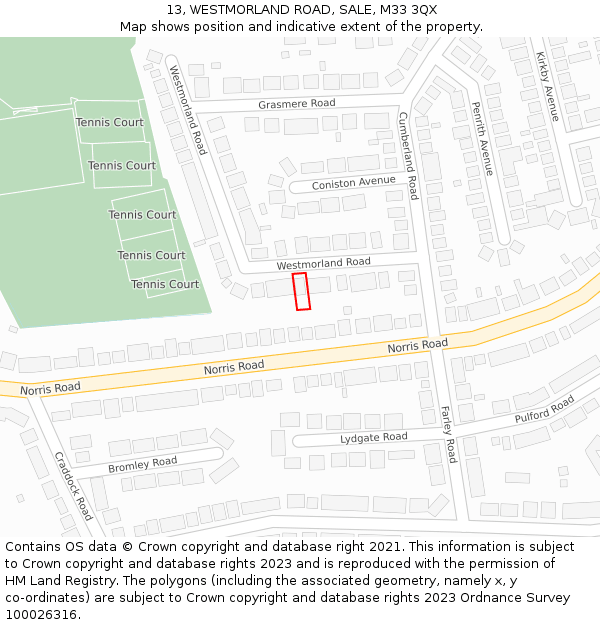13, WESTMORLAND ROAD, SALE, M33 3QX: Location map and indicative extent of plot