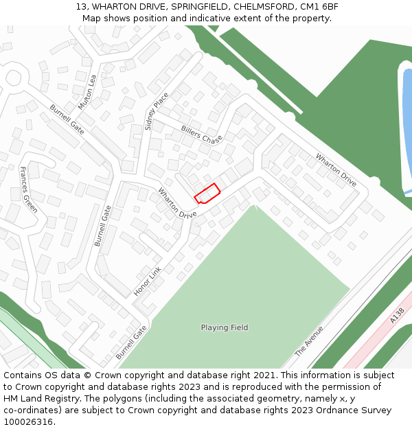 13, WHARTON DRIVE, SPRINGFIELD, CHELMSFORD, CM1 6BF: Location map and indicative extent of plot