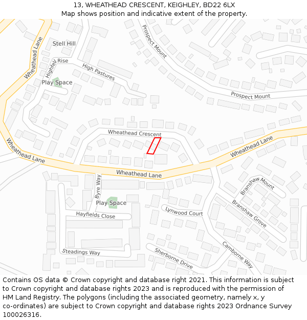 13, WHEATHEAD CRESCENT, KEIGHLEY, BD22 6LX: Location map and indicative extent of plot