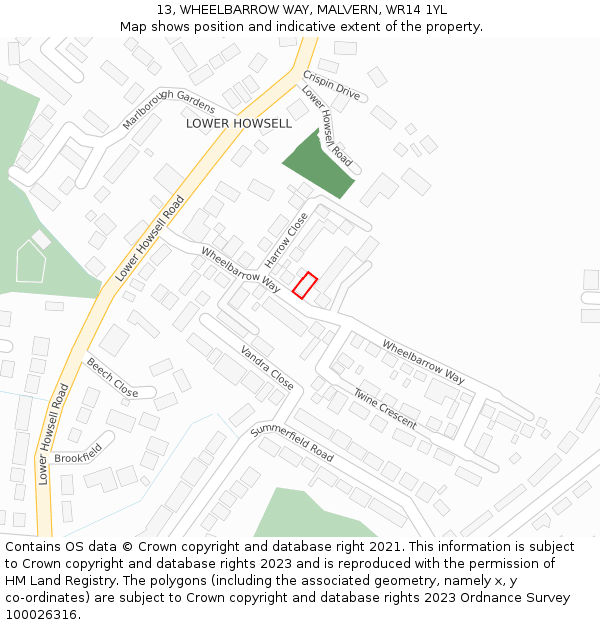 13, WHEELBARROW WAY, MALVERN, WR14 1YL: Location map and indicative extent of plot