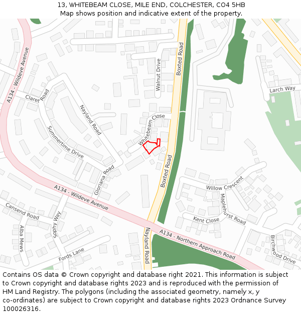 13, WHITEBEAM CLOSE, MILE END, COLCHESTER, CO4 5HB: Location map and indicative extent of plot
