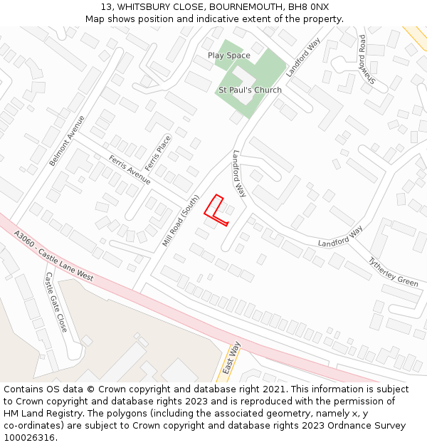 13, WHITSBURY CLOSE, BOURNEMOUTH, BH8 0NX: Location map and indicative extent of plot