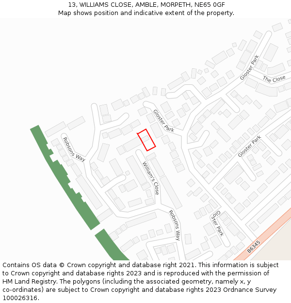 13, WILLIAMS CLOSE, AMBLE, MORPETH, NE65 0GF: Location map and indicative extent of plot