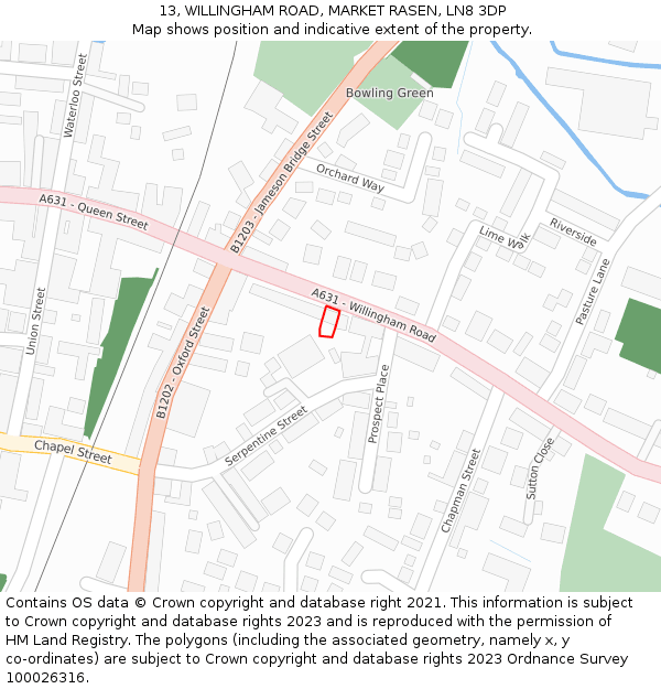 13, WILLINGHAM ROAD, MARKET RASEN, LN8 3DP: Location map and indicative extent of plot