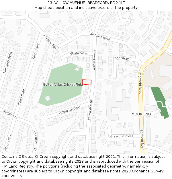 13, WILLOW AVENUE, BRADFORD, BD2 1LT: Location map and indicative extent of plot