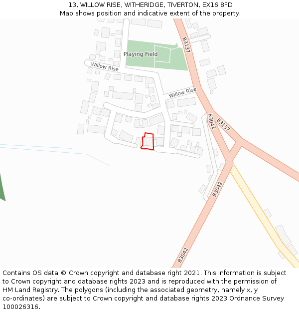 13, WILLOW RISE, WITHERIDGE, TIVERTON, EX16 8FD: Location map and indicative extent of plot