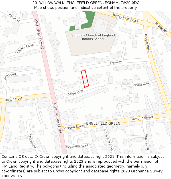 13, WILLOW WALK, ENGLEFIELD GREEN, EGHAM, TW20 0DQ: Location map and indicative extent of plot