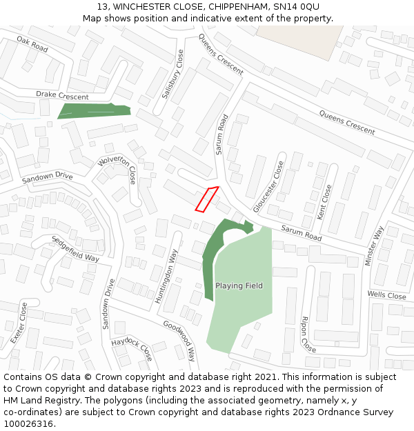 13, WINCHESTER CLOSE, CHIPPENHAM, SN14 0QU: Location map and indicative extent of plot