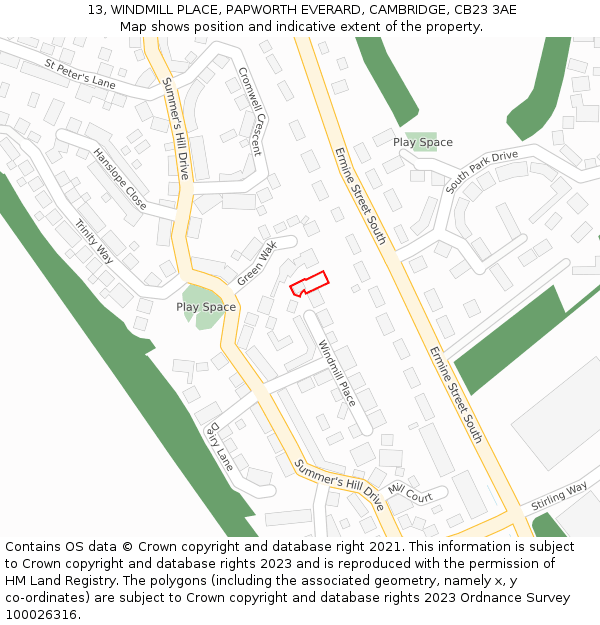 13, WINDMILL PLACE, PAPWORTH EVERARD, CAMBRIDGE, CB23 3AE: Location map and indicative extent of plot