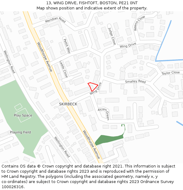 13, WING DRIVE, FISHTOFT, BOSTON, PE21 0NT: Location map and indicative extent of plot