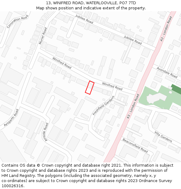 13, WINIFRED ROAD, WATERLOOVILLE, PO7 7TD: Location map and indicative extent of plot