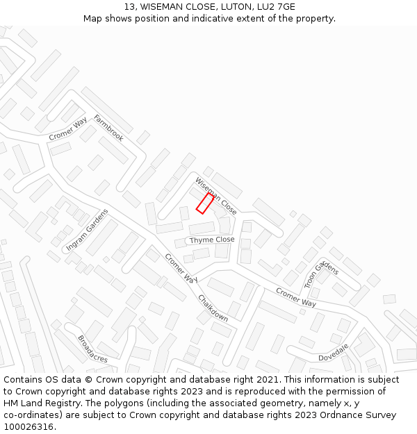 13, WISEMAN CLOSE, LUTON, LU2 7GE: Location map and indicative extent of plot