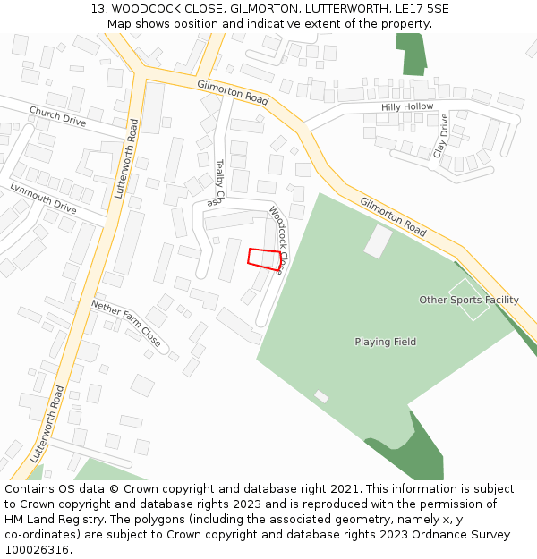 13, WOODCOCK CLOSE, GILMORTON, LUTTERWORTH, LE17 5SE: Location map and indicative extent of plot