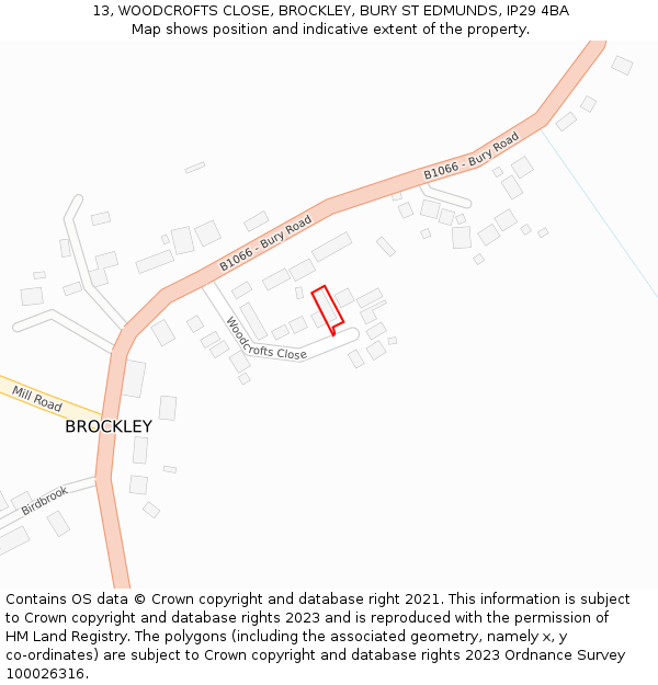 13, WOODCROFTS CLOSE, BROCKLEY, BURY ST EDMUNDS, IP29 4BA: Location map and indicative extent of plot