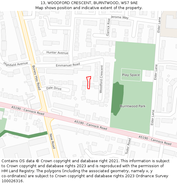 13, WOODFORD CRESCENT, BURNTWOOD, WS7 9AE: Location map and indicative extent of plot