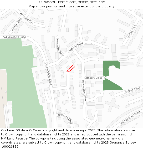 13, WOODHURST CLOSE, DERBY, DE21 4SG: Location map and indicative extent of plot