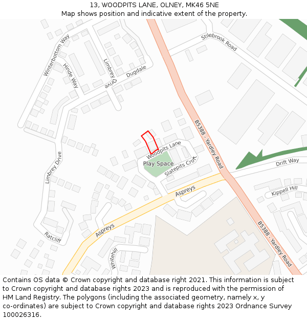 13, WOODPITS LANE, OLNEY, MK46 5NE: Location map and indicative extent of plot