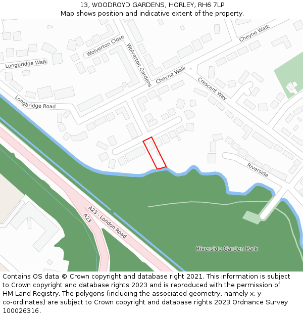 13, WOODROYD GARDENS, HORLEY, RH6 7LP: Location map and indicative extent of plot
