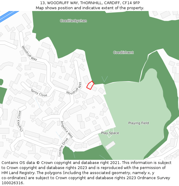 13, WOODRUFF WAY, THORNHILL, CARDIFF, CF14 9FP: Location map and indicative extent of plot